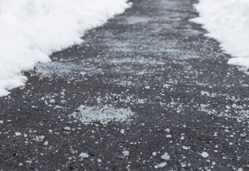 A black walkway cleared of snow, with a layer of road salt applied along the path, surrounded by snow on either side.